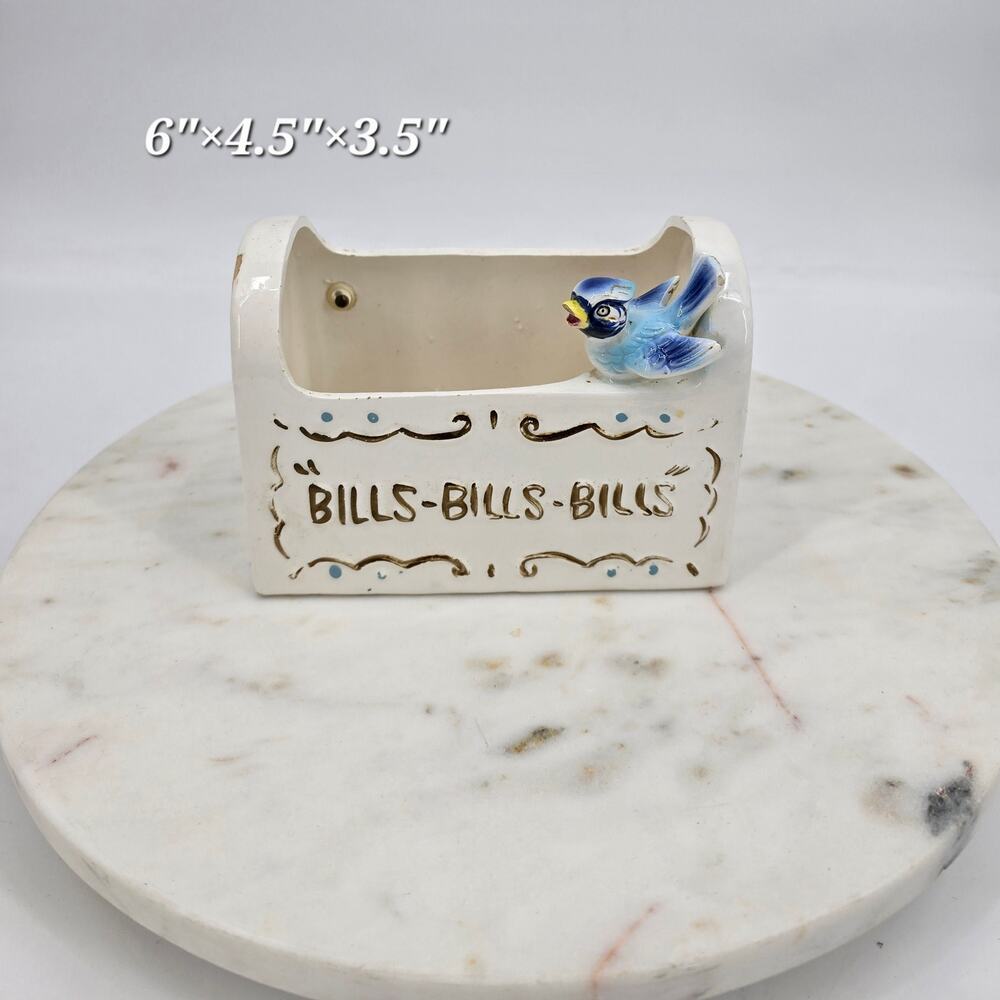 Vintage Enesco Kistchy Ceramic “BILLS-BILLS-BILLS” Wall Pocket with Bluebird